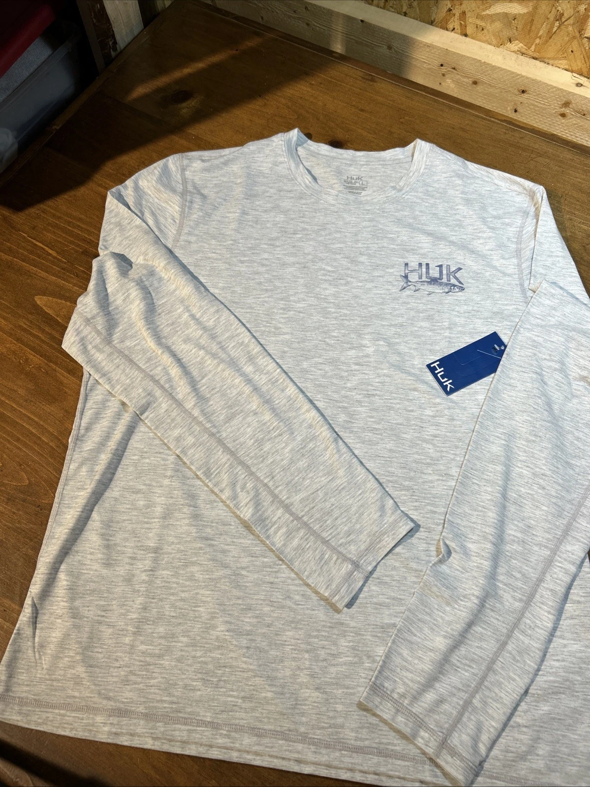 Huk Drift Long Sleeve Graphic Crew Men's Tech Shirt, Harbor Mist Heather, Large