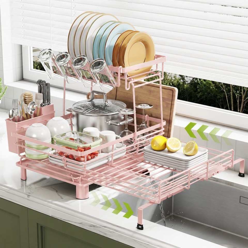 Nfnoyp 2-Tier Expandable Dish Drying Rack for Kitchen Counter, Black ...