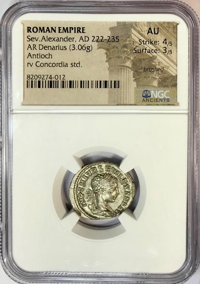 Moneda Denario de Plata Antigua Romana Severo Alejandro 222-235 dC Antioquía NGC AU Foto 3 de 4