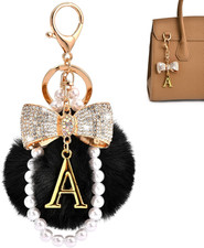 Gold Initial Keychain with Rhinestone Bow  Black Pom Pom, Cute Letter Bag Charm