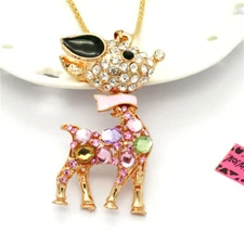 New Fashion Women Pink Enamel Crystal Sika Elk Deer Pendant Chain Necklace