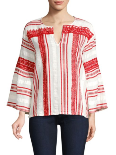 Joie Selbea Top L Women's Casual Embroidered Striped Boho White Blouse NEW 44168 - Picture 1 of 9
