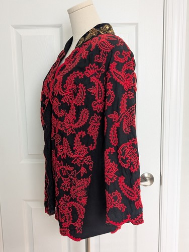 Chico’s Collectibles Beaded Collar Embroidered Black Red Kimono Jacket Sz 2P L - Picture 4 of 11