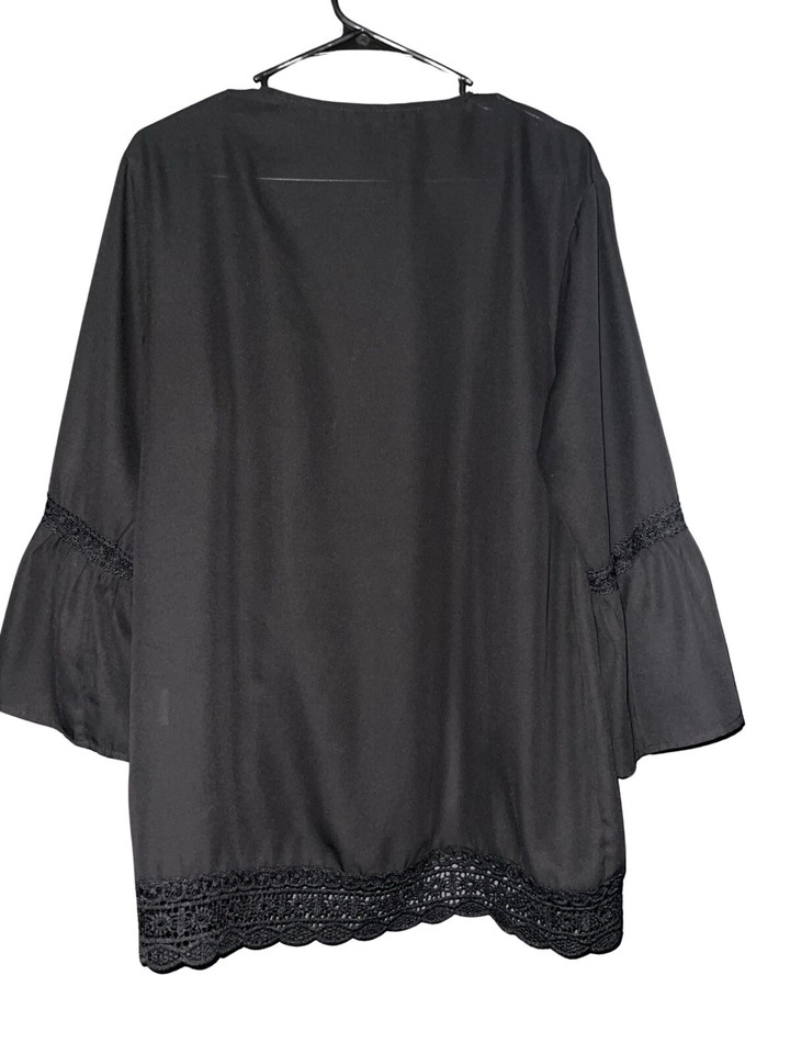 Bathing Suit Cover Up Boho Lace Bell Sleeve Woven Trim Black Size Small