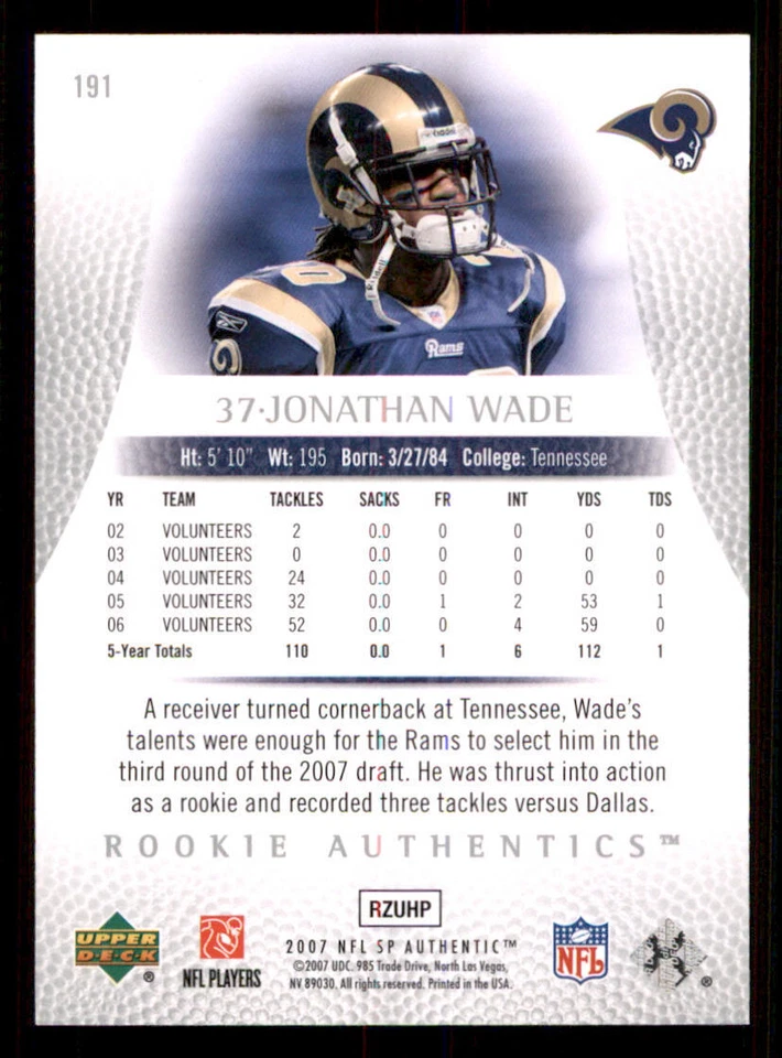 2007 SP Authentic #191 Jonathan Wade RC /999 - Image 2 of 2