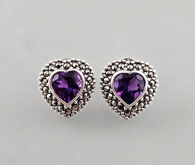 9923364-d Vintage Earrings Purple Amethyst Marcasites Heart 925er