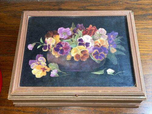 Rare Decorative Wood Carved Hankies Handkerchief Glove Box RA Foster Pansy Print - Picture 1 of 9