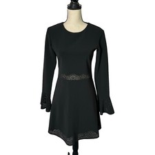 Parker Dress Womens Medium Black Eyelet Cutout Fit & Flare Long Bell Sleeve