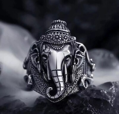 Gothic Ring mit Gravur, aufladender Elefant Geist Tier rechte Hand Statement Ring