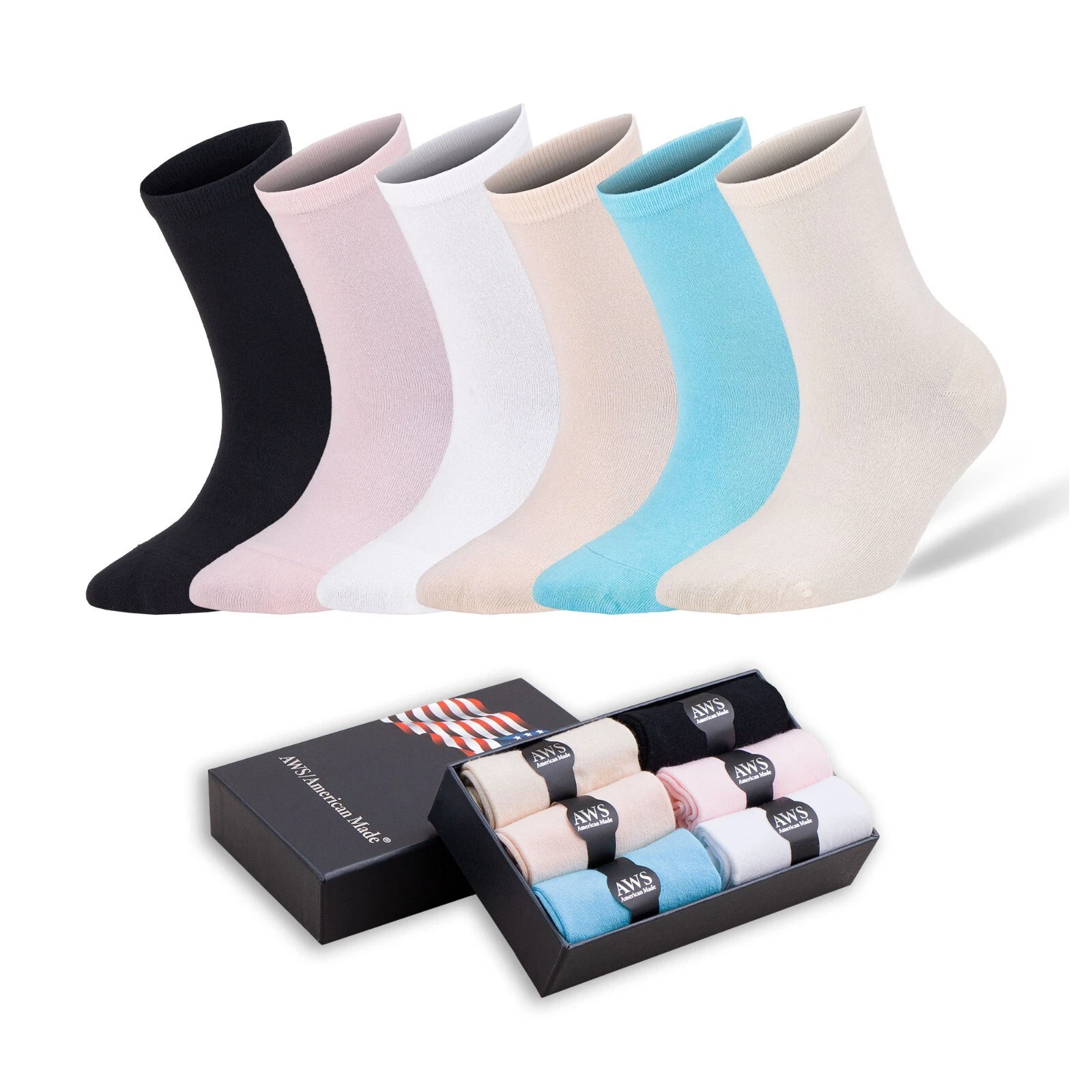 Bamboo Crew Socks for Women Size 6-9 Reinforced Toe 6 Pairs with Gift Box