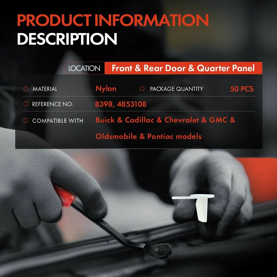 Sujetador de moldura de panel y puerta delantera y cuarto de nailon 50 piezas para GM Chevy GMC Foto 2 de 4