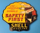 VINTAGE SHELL GASOLINE PORCELAIN SAFETY FIRST GAS SERVICE STATION PUMP SIGN