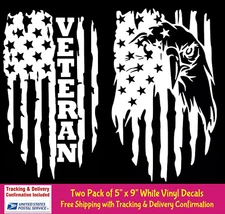 TWO PK 4" x 7" Veteran & American Eagle Flag White Vinyl Decals Car Camper Truck