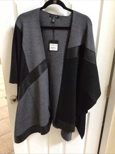 St. John Black Gray Leather Trim Cape Ruana Shawl One Size | eBay