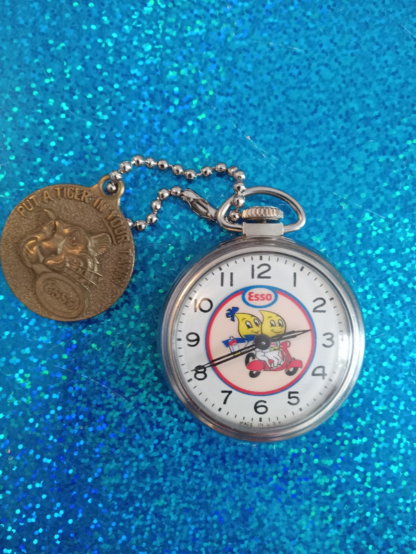 Westclox pocket watch with "Esso"gas theme W/FOB...working