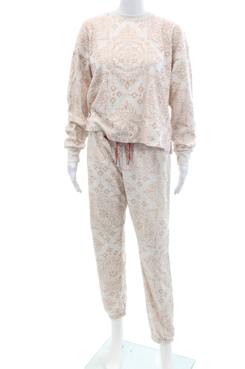PJ Salvage Womens Crew Neck Abstract Sweater Jogger Pants Set White Beige Medium