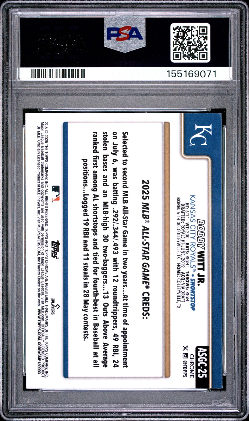 2025 TOPPS CHROME UPDATE 2025 ALL STAR GAME #25 BOBBY WITT JR. PSA 9 view 2