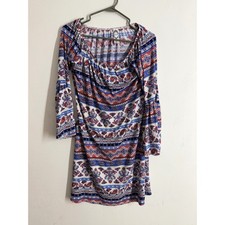 Honeyme Los Angeles Boho Paisley Bell Sleeve Mini Dress Blue Orange Small