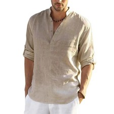 Mens Cotton Linen Henley Long Sleeve Shirt Ca...