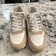 Time and Tru Women s Memory Foam Lace-Up Low Top Beige/White Colorblock Sneakers