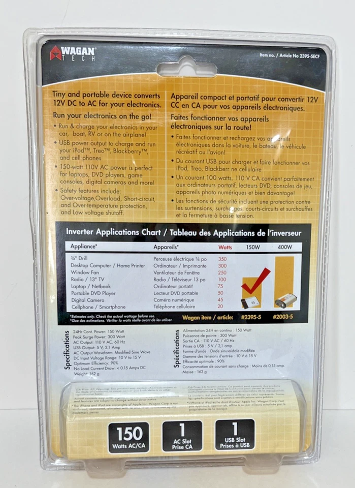 New In Box Wagan Tech power inverter 12V DC Smart AC 150 USB + Power Source - Image 2 of 4