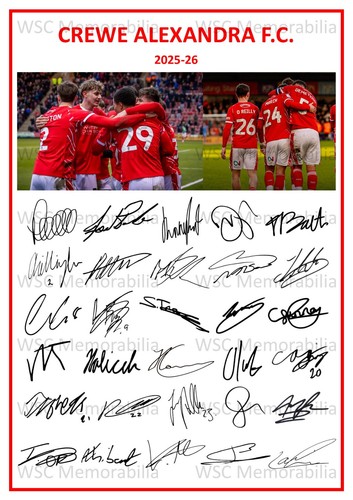 11750. Crewe Alexandra Signed Team Sheets (A4 Prints) CHOOSE A SEASON 2023-25