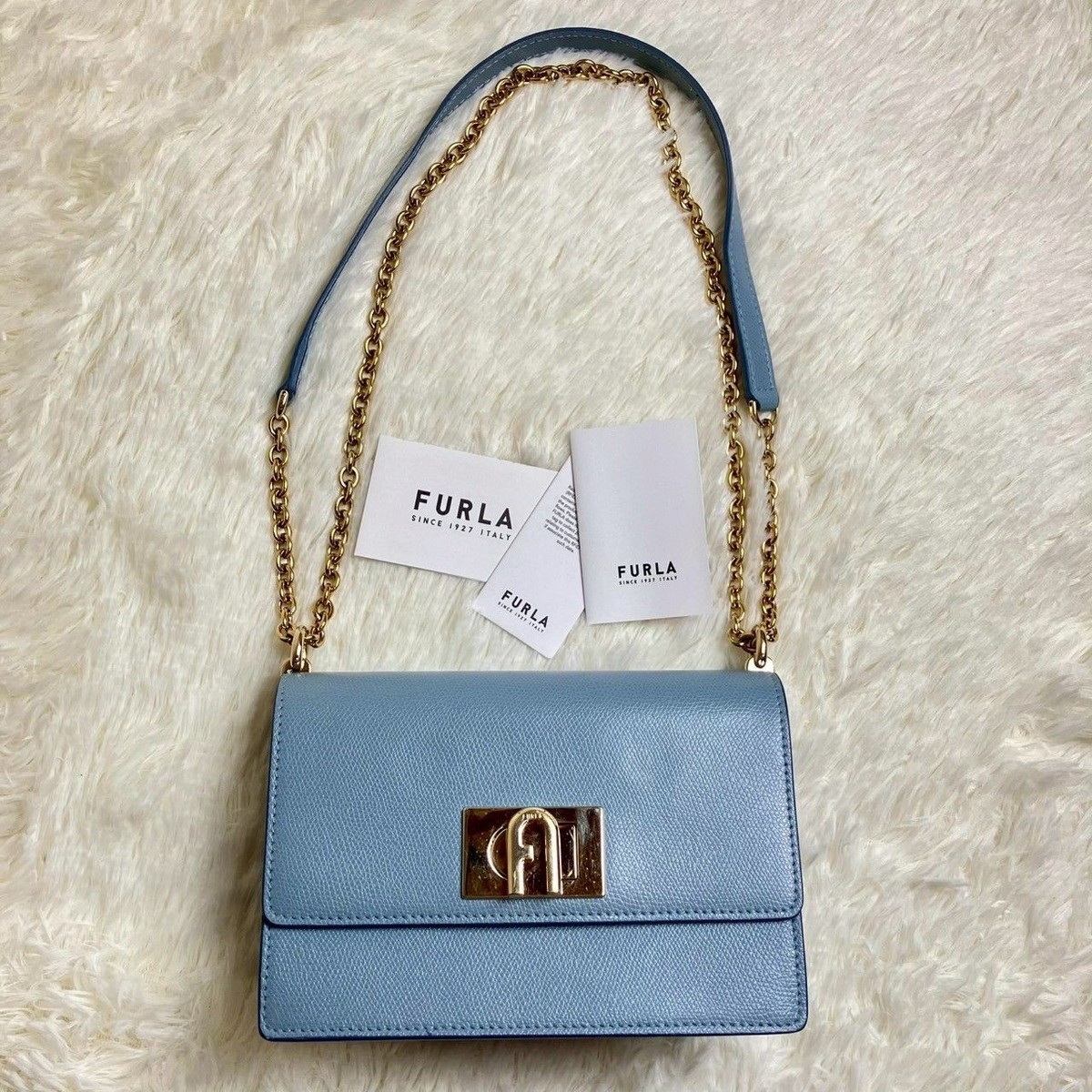 Furla 1927 S Crossbody Bag Light Blue Leather 2Way Chain Women's