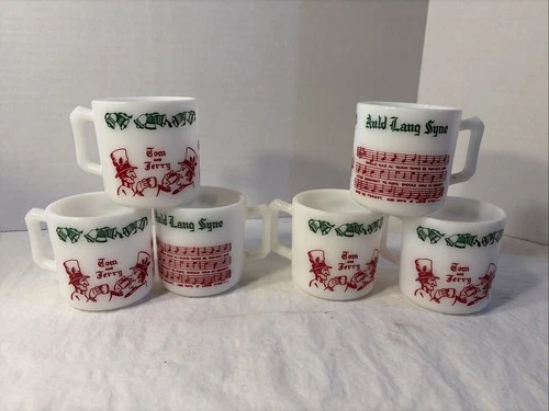 6 Vintage Tom & Jerry Christmas Auld Lang Syne Milk Glass Mugs Hazel Atlas Mint