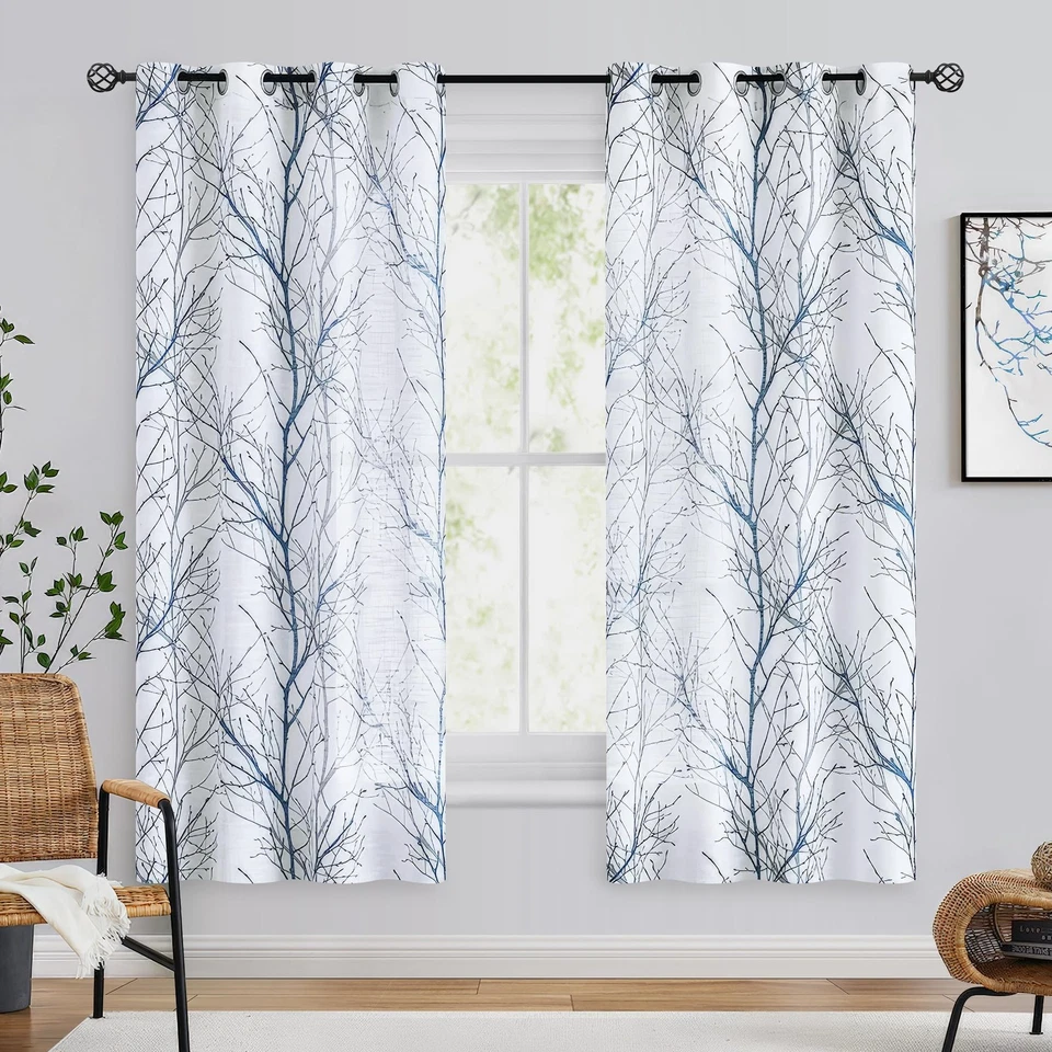 "Paneles de cortina semi transparentes con estampado FMFUNCTEX azul blanco para dormitorio 63"" árbol gris" Foto 2 de 4