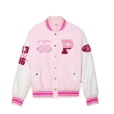 VS PINK x LoveShackFancy Pink and White College Boyfriend Varsity Jacket Size M