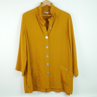John Mark Large Tunic Top Mustard Yellow Roll Tab Ruffle Collar Artsy Lagenlook