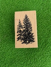 TWO PINE TREES WOOD MOUNTED RUBBER STAMP