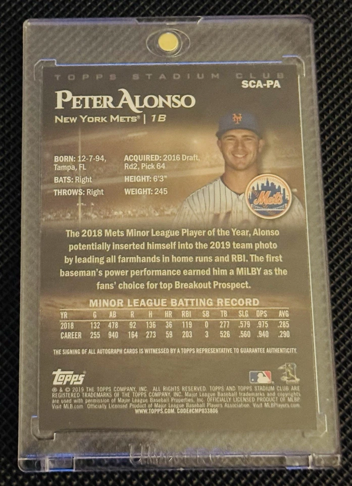2019 TOPPS STADIUM CLUB PETE ALONSO sp ROOKIE AUTO RC SCA-PA METS AUTOGRAPH - Image 2 of 2