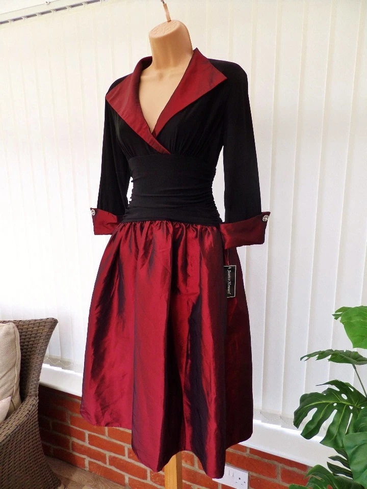 JESSICA HOWARD BLACK DARK RED TAFFETA 50'S NEW YORK MIDI DRESS 10 (12) £170 BNWT - Image 3 of 4