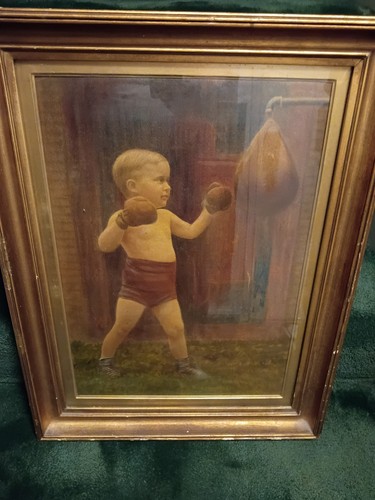 Boxing! Antique painting little boy hitting Speed Bag!