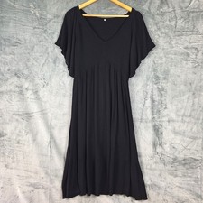 Womens Dress Large Black Coastal Beachy Smocked Flowy Midi Babydoll Goth Grunge