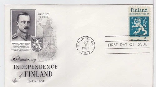TurtlesTradingPost- Finland Independence #1334 1967 FDC- Artcraft Cachet