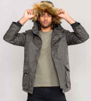 D555 Mens Khaki Parka Style Jacket With Detachable Fur Trim S-XXL  (133582K-R) UK