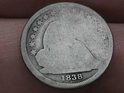 1838 P Seated Liberty Silver Dime- Philadelphia, Large Stars, About Good Details