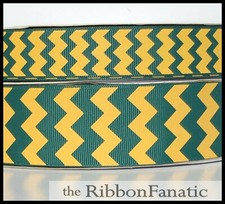 3 yds 3/8" or 7/8" or 1.5" Hunter Green Yellow Gold Chevron Grosgrain Ribbon