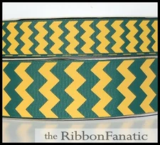 3 yds 3/8" or 7/8" or 1.5" Hunter Green Yellow Gold  Chevron Grosgrain Ribbon