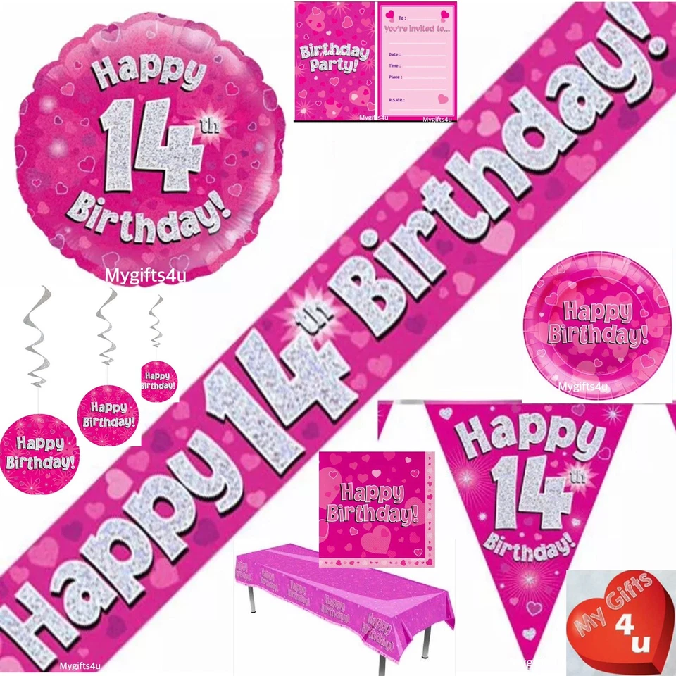 Pink Age 14th & Happy Birthday Party Decorations Bunting Banners Balloon Swirls