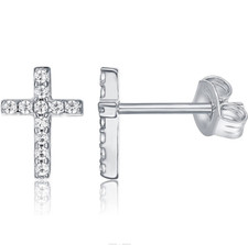 Sterling Silver 925 Tiny Cz Cross Stud Earrings Men Women 6x8mm Gift Box A7