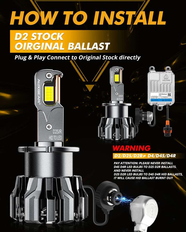 2x AUXBEAM D2S D2R LED Bulbs 6500K Headlight Bulb Canbus Light Lamp 70W 22000LM - Image 4 of 4