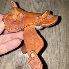 Vintage Handcrafted Miniature Leather Saddle Tooled Western Art Doll House Mini