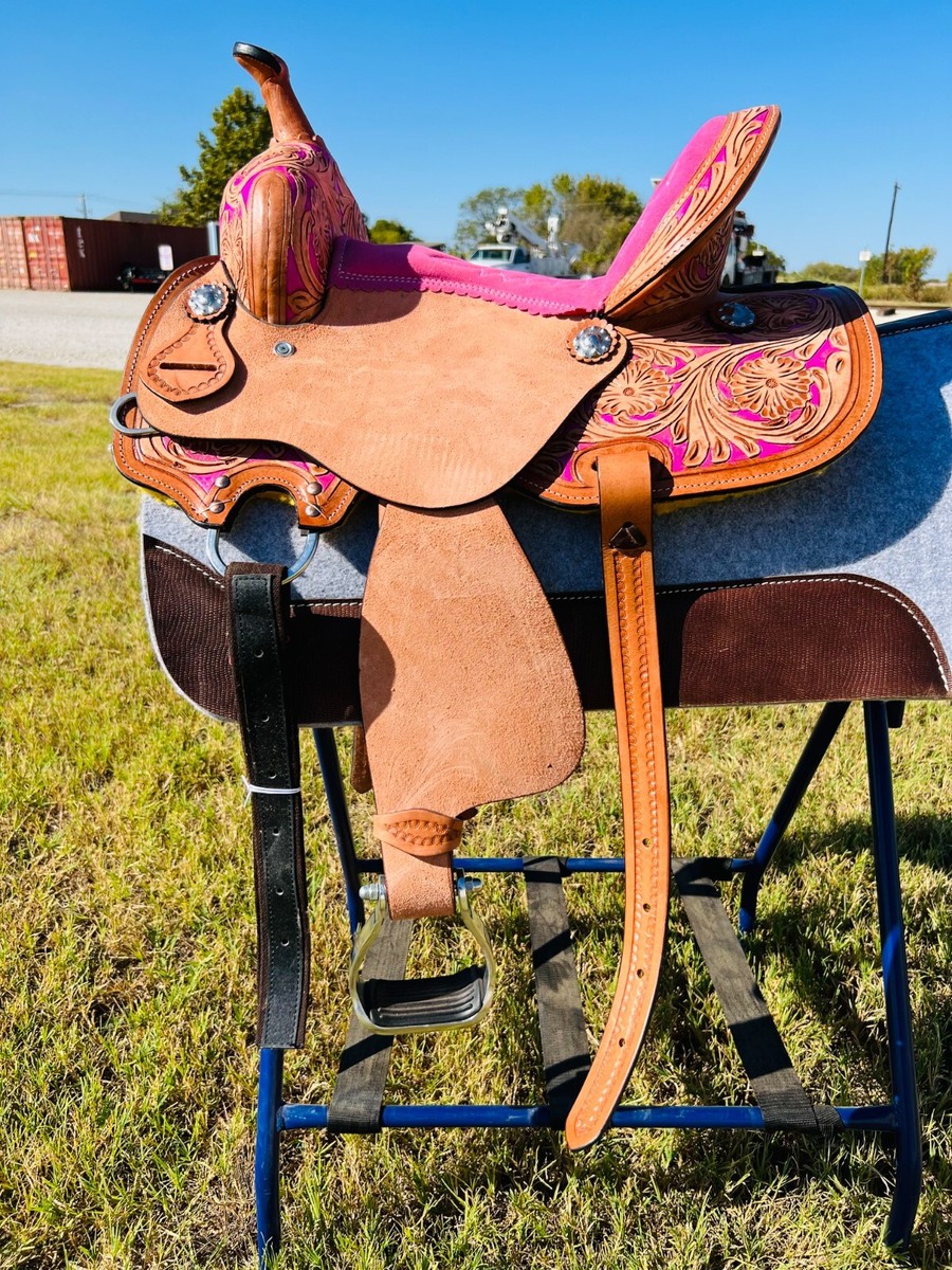 Selle Western pour enfants - Taille tonneau - Pour cheval et poney - Pour concours d'équitation - En cuir - Noir - Selle 10 - 27,9 cm - 30,5 cm - 33 cm (siège de 30,5 cm