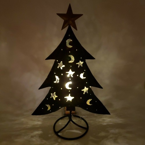 Rustic Metal Christmas Tree Votive Candle Holder 17.5 Inches Tall Moons Stars