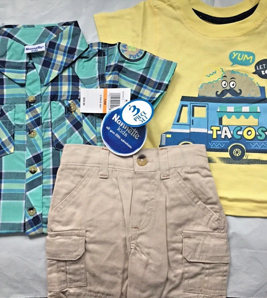 Nannette Kids  Boys 3 Piece Woven Shirt, T Shirt  and Short Set. size 12mo. NWT - Image 2 of 2
