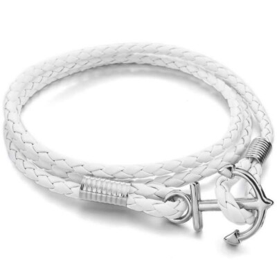 Faux-Leather Anchor Bracelet by Mendino Unisex Braided White - One Size Fits All