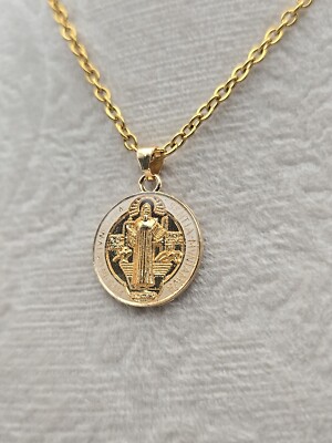 White St Benedict Medal Necklace 20'' Gold Plated Stainless Steel Catholic Gift